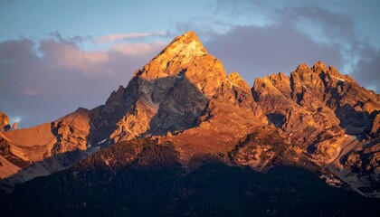 The stunning alpine glow of a sunset illuminates the jagged, sharp peak of a majestic mountain ridge