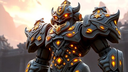 a giant monster made of dark rock and metal, with an orange energy core that radiates heat.
