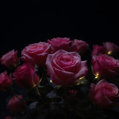 Dark Pink Roses Illuminated, Romantic Floral Still Life Photography