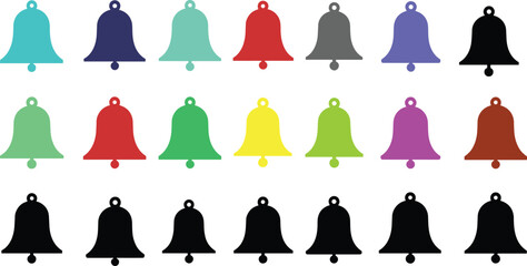Colorful bell icon set in flat vector style, ideal for Christmas, holiday, alert, and notification graphic design projects.
