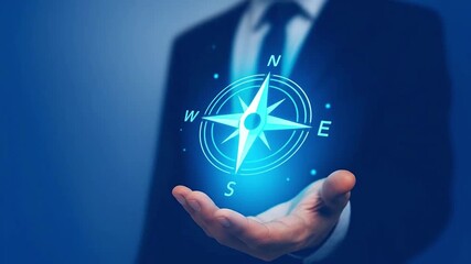 Professional hand presenting a glowing digital compass rose, symbolizing business guidance, strategic direction, and future navigation in a blue te... - Powered by Adobe