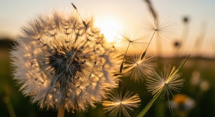 Obraz premium Golden hour illumination of dandelion seeds dispersing in tranquil scene