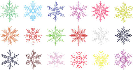 Colorful snowflake vector set featuring diverse winter holiday designs, vibrant festive patterns perfect for seasonal, Christmas, and winter graphic projects.