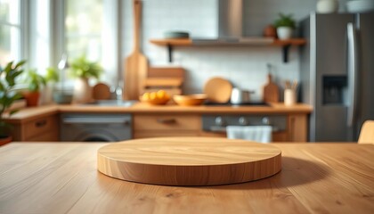 Blurred kitchen backdrop, round wooden table, empty pedestal,  ready for product display, wood, empty