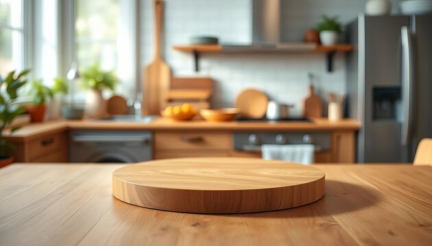 Blurred kitchen backdrop, round wooden table, empty pedestal,  ready for product display, wood, empty