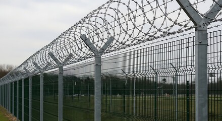 Intense perimeter security featuring layered razor wire and metal fencing against an overcast sky