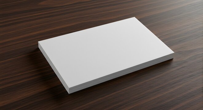 High-angle close-up of a stack of blank white business cards on a dark brown wooden surface, showcasing a clean and minimalist design with a neutral color palette.
