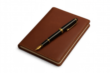 Classic fountain pen resting beside leather notebook, symbolizing professional writing and personal journaling against transparent backdrop