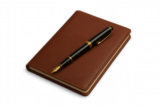 Classic fountain pen resting beside leather notebook, symbolizing professional writing and personal journaling against transparent backdrop - Powered by Adobe