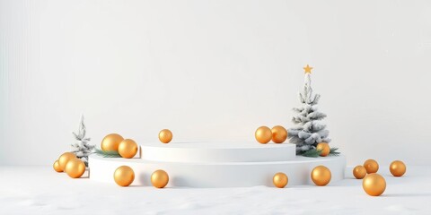 Geometric white podium on snowy ground, golden spheres, minimalist Christmas scene, still life, abstract
