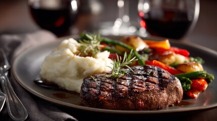 Restaurant dish of steak with sauce served alongside wine glass luxury gourmet fine dining presentation symbolizing culinary tradition lifestyle food culture and elegant celebration