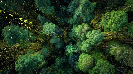 Drone aerial of enchanted rainforest canopy glowing with fireflies, surreal fantasy style, 