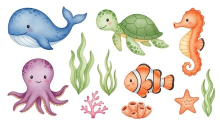 Playful watercolor under the sea illustration featuring cartoon marine life