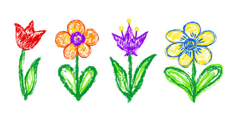 Chalk drawing of four colorful flowers with simple shapes and playful style. Hand drawn crayon scribble illustration with bright and cheerful mood.