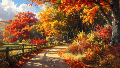 Obraz premium Serene autumnal path through a vibrant forest landscape with colorful foliage