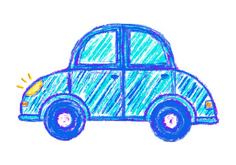 Chalk drawing of a simple car with rounded shapes. Hand drawn crayon scribble style illustration with playful and cheerful mood.