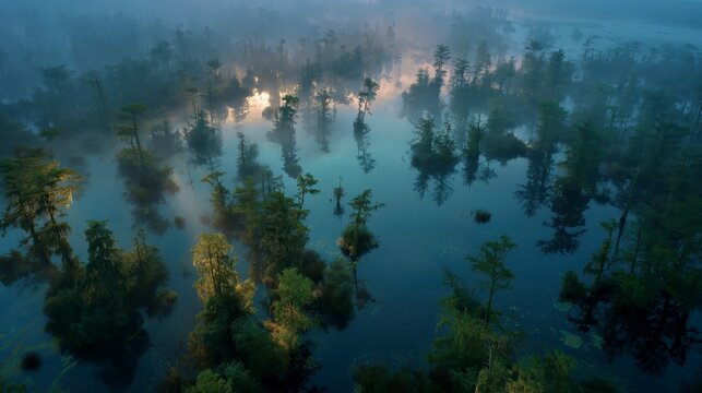 Drone perspective of misty enchanted swamp glowing with mystical light,