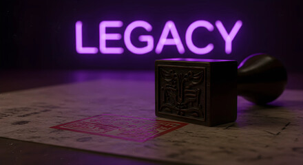 「LEGACY」のネオンが輝く伝統的な印鑑。事業承継と歴史、信頼を象徴するビジネスコンセプト背景。
