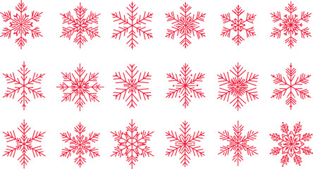 Red snowflake vector collection featuring various intricate winter designs, perfect for Christmas, holiday decorations, seasonal projects, and festive winter illustrations.