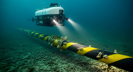 Underwater Remotely Operated Vehicle Inspecting a Subsea Cable on the Ocean Floor