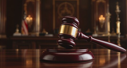 Judicial Gavel on Wooden Sound Block in Courtroom Setting