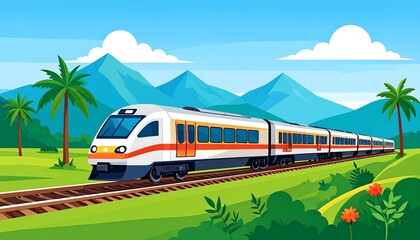 Scenic train journey vector illustration, railway through mountain scenery
