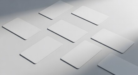 Modern blank white cards arrayed on a clean grey background with soft shadows, providing an excellent template for branding mockups and professional identity designs