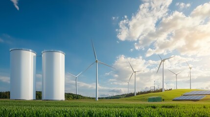 Fototapeta premium Green Hydrogen Green Ammonia Synthesis industrial complex surrounded by wind turbines and solar farms.