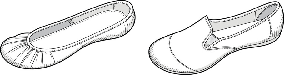 Fashion sketch of ballet flats and slip-on shoes, casual footwear illustration, stylish women’s shoes design, isolated vector graphic.