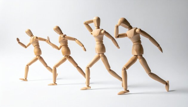 Five wooden mannequins in dynamic exercise poses on white—evoking motion, discipline, and vitality. A minimalist metaphor for physical resilience and the choreography of human effort.