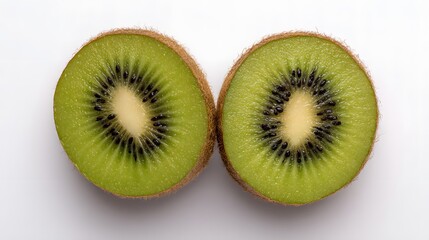 Fototapeta premium Fresh kiwi slices showcasing vibrant green flesh and tiny black seeds on a clean white surface.
