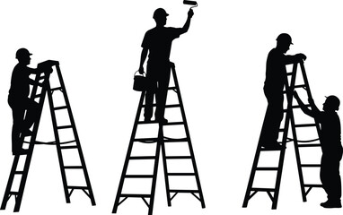 Silhouette of construction workers painting and collaborating on ladders with helmets, teamwork, safety, maintenance, industrial work, repair, and manual labor concept.Silhouette of construction 