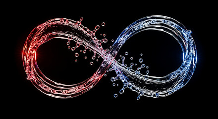 Abstract Infinity Symbol Made of Red and Blue Water Splash on Black Background
