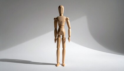 A wooden mannequin stands upright, one arm bent, casting a soft shadow—evoking quiet presence, neutrality, and poised introspection. A minimalist metaphor for stillness, form, and latent gesture.