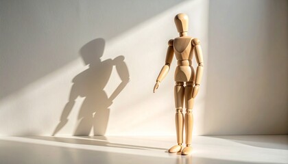 A wooden mannequin stands upright, one arm bent, casting a soft shadow—evoking quiet presence, neutrality, and poised introspection. A minimalist metaphor for stillness, form, and latent gesture.