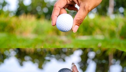 Golf ball held, reflected on water