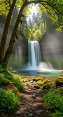 Enchanting Waterfall Scene with Lush Greenery and Serene Pathway Vista