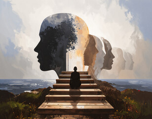 複数の自分がピクセル単位で同時に存在し、次第に一つに収束せずに乱れる。分裂した意識、哲学的な影との対話、自己の多重構造