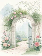 Fototapeta premium Archway with watercolor flowers in soft pastel shades surrounded by lush greenery