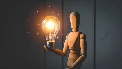 A wooden mannequin holds a glowing light bulb—evoking creativity, insight, and reflection. A minimalist metaphor for innovation, emotional illumination, and the choreography of thought.