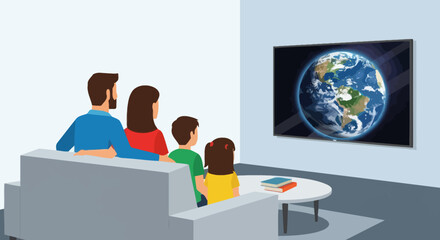 Family of four on a gray couch watching a large TV displaying the Earth with a white coffee table