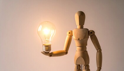 A wooden mannequin holds a glowing light bulb&mdash;evoking creativity, insight, and reflection. A minimalist metaphor for innovation, emotional illumination, and the choreography of thought.