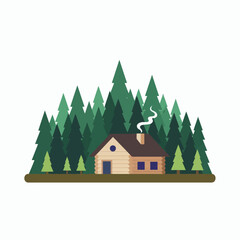 Flat illustration of a log cabin with a smoking chimney nestled among numerous green pine trees on a white background