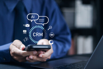 CRM for sales, Sales control and monitoring software with client database. Customer relationship management software. Businessman with virtual icon.