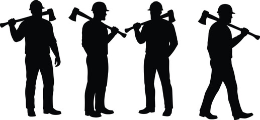Silhouette of four lumberjack workers wearing helmets and boots, holding axes on shoulders, standing and walking forestry logging vector illustration