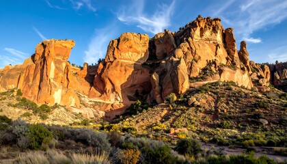 Colorful sandstone peaks under a golden sky