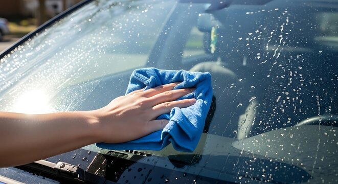 Meticulously cleaning the car windshield with a soft blue microfiber cloth to shine