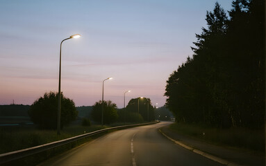 powered street lamps lined along an empty road