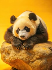 Obraz premium A giant panda bear snuggled up on a large rock