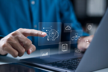 AI technology concept. Artificial intelligence for data analysis business.. Businessman using laptop with AI assistant icon on virtual screen.